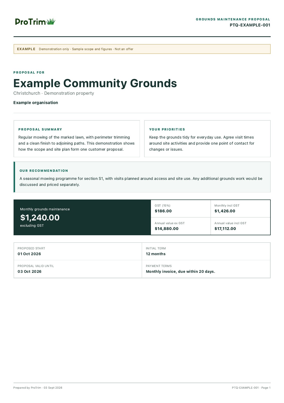 An example ProTrim grounds maintenance proposal showing the customer’s priorities, recommended work, monthly price, GST and contract details. All figures are illustrative.