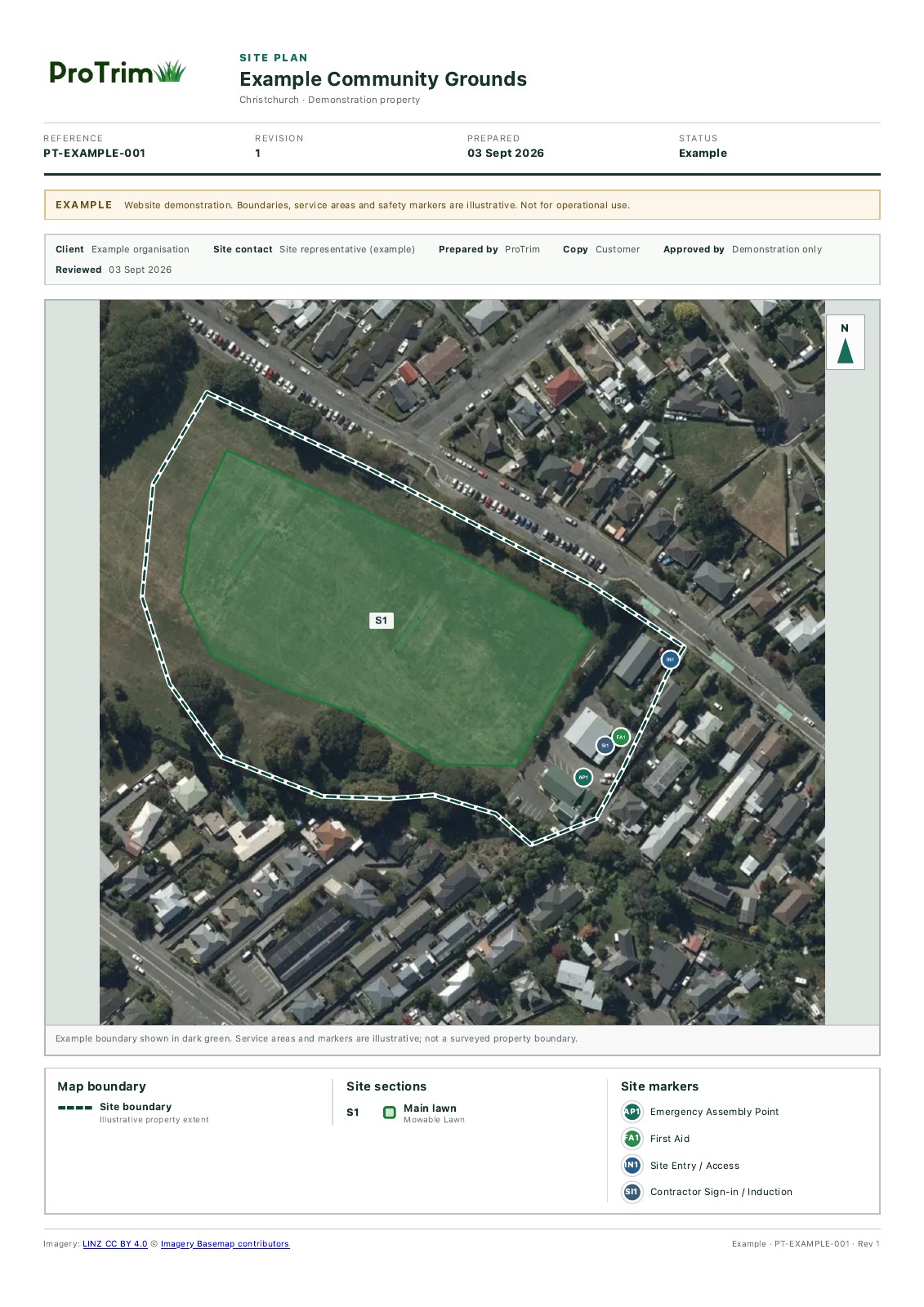 An example page from ProTrim’s site-plan format, with aerial imagery, a marked mowing area, access and safety markers, and a map legend.