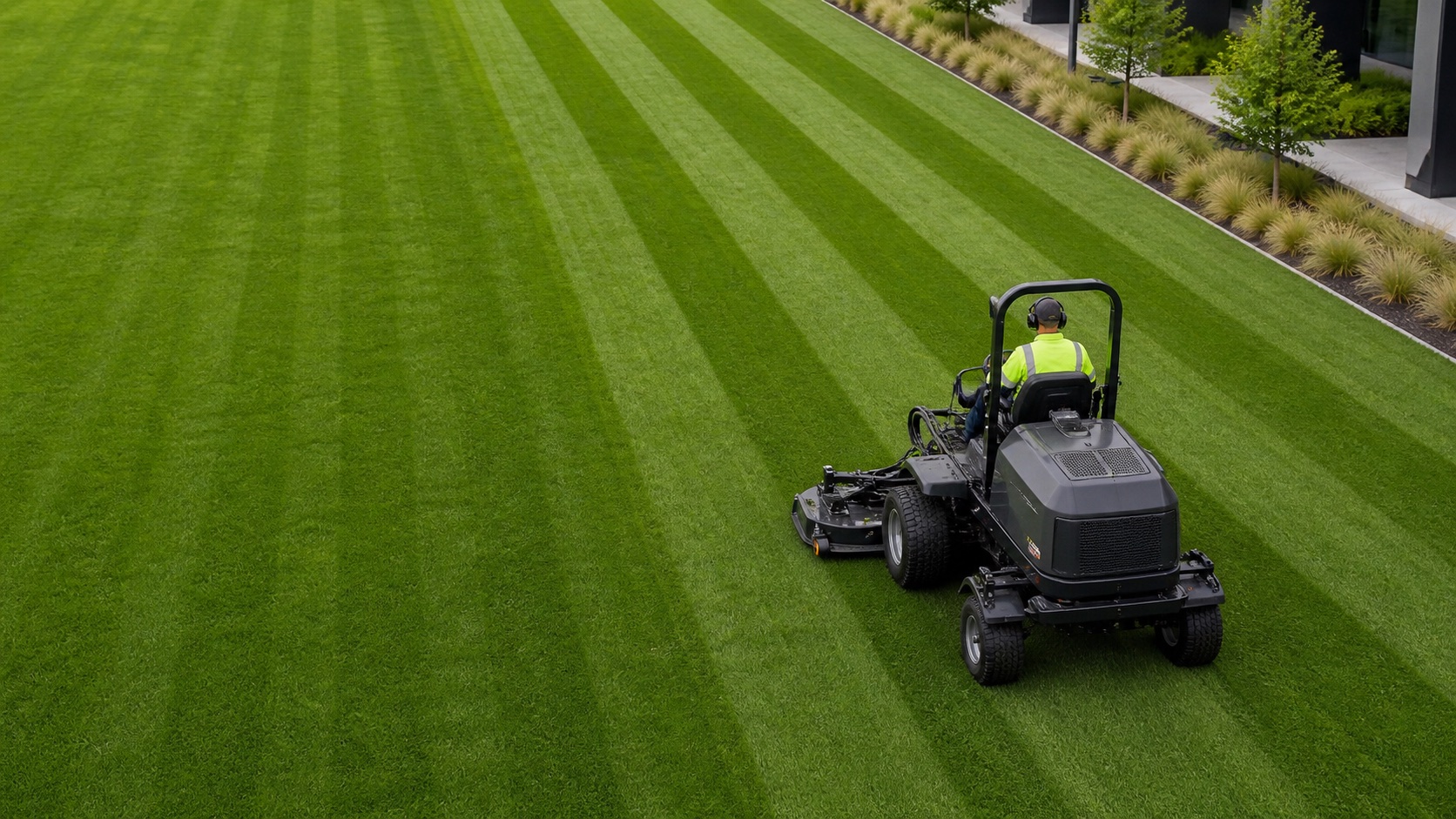 Commercial ride-on mowing across a managed property