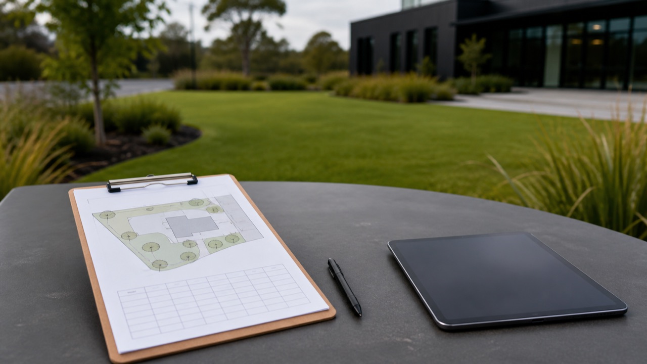A grounds plan, schedule and tablet overlooking a maintained property