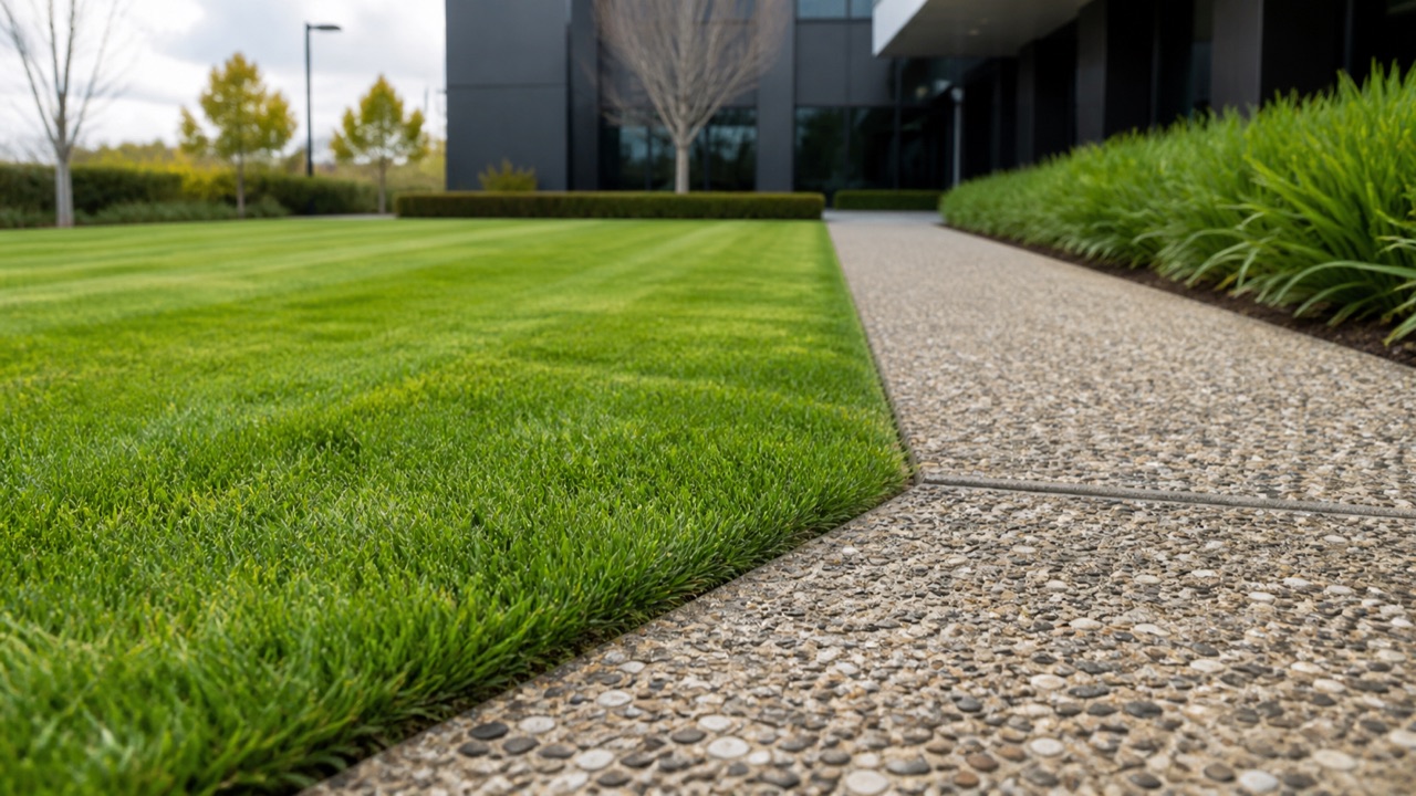 A precise lawn edge alongside a tidy commercial footpath