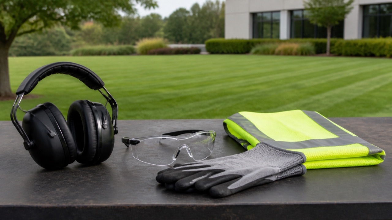 Hearing protection, safety glasses, gloves and a high-visibility vest