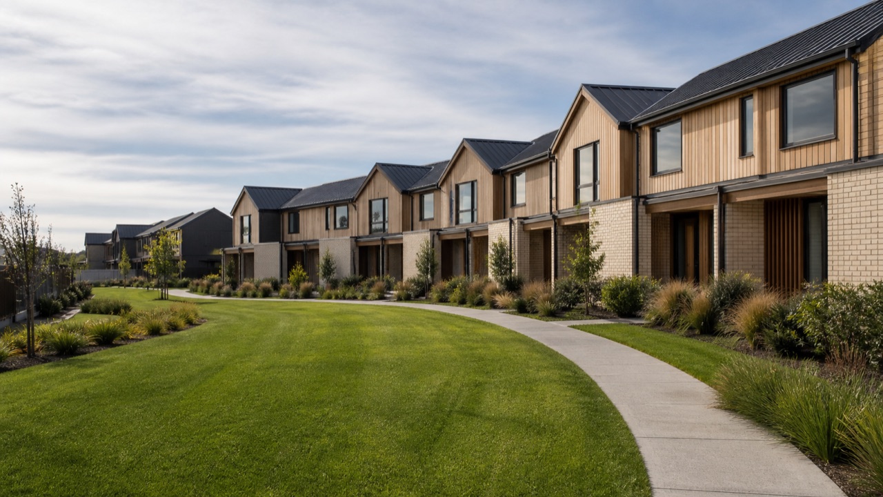 Shared lawns and a landscaped walkway beside connected townhouses