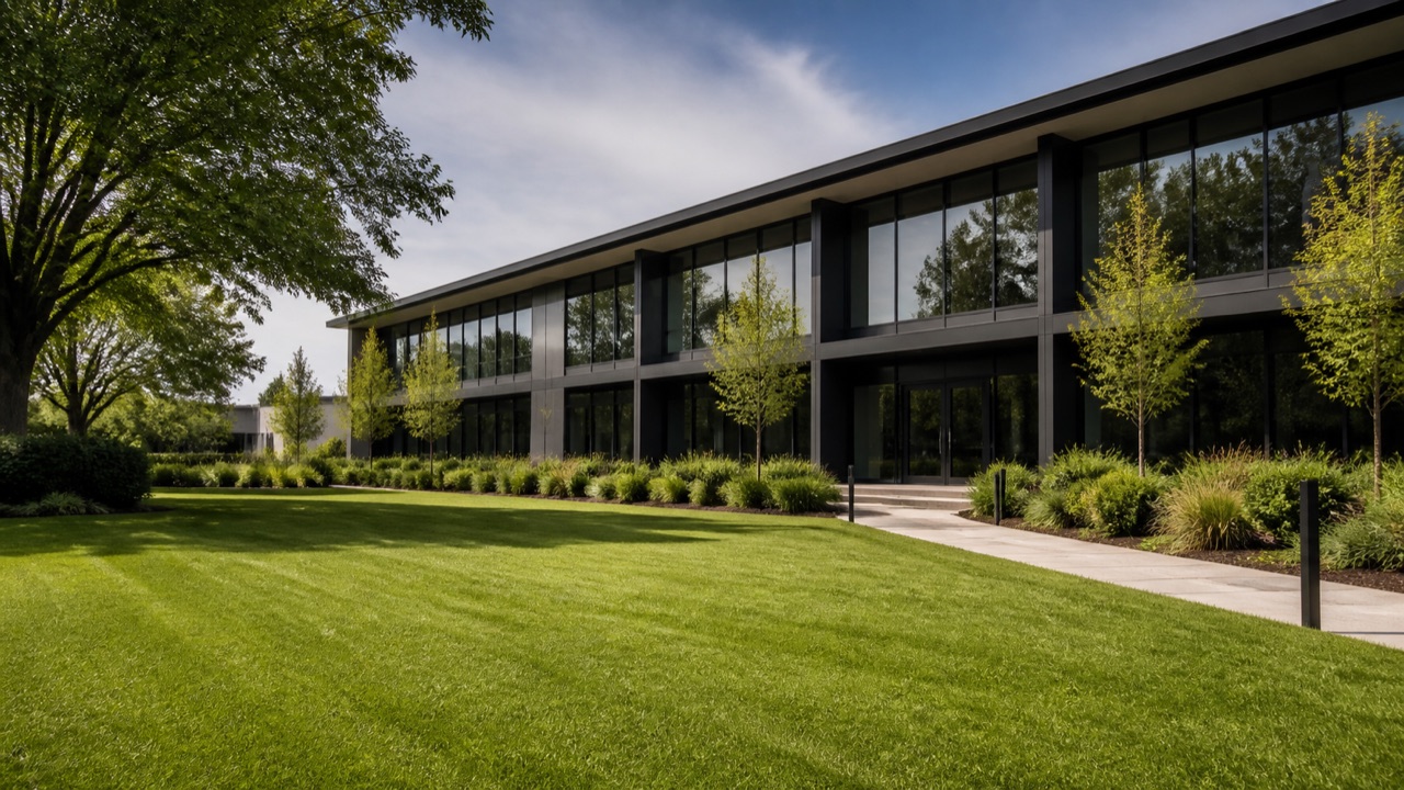 Modern commercial offices with neatly mown lawns and planted borders