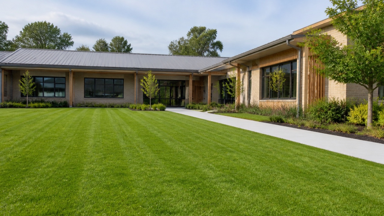 Maintained school lawns, classroom buildings and a clear pedestrian path