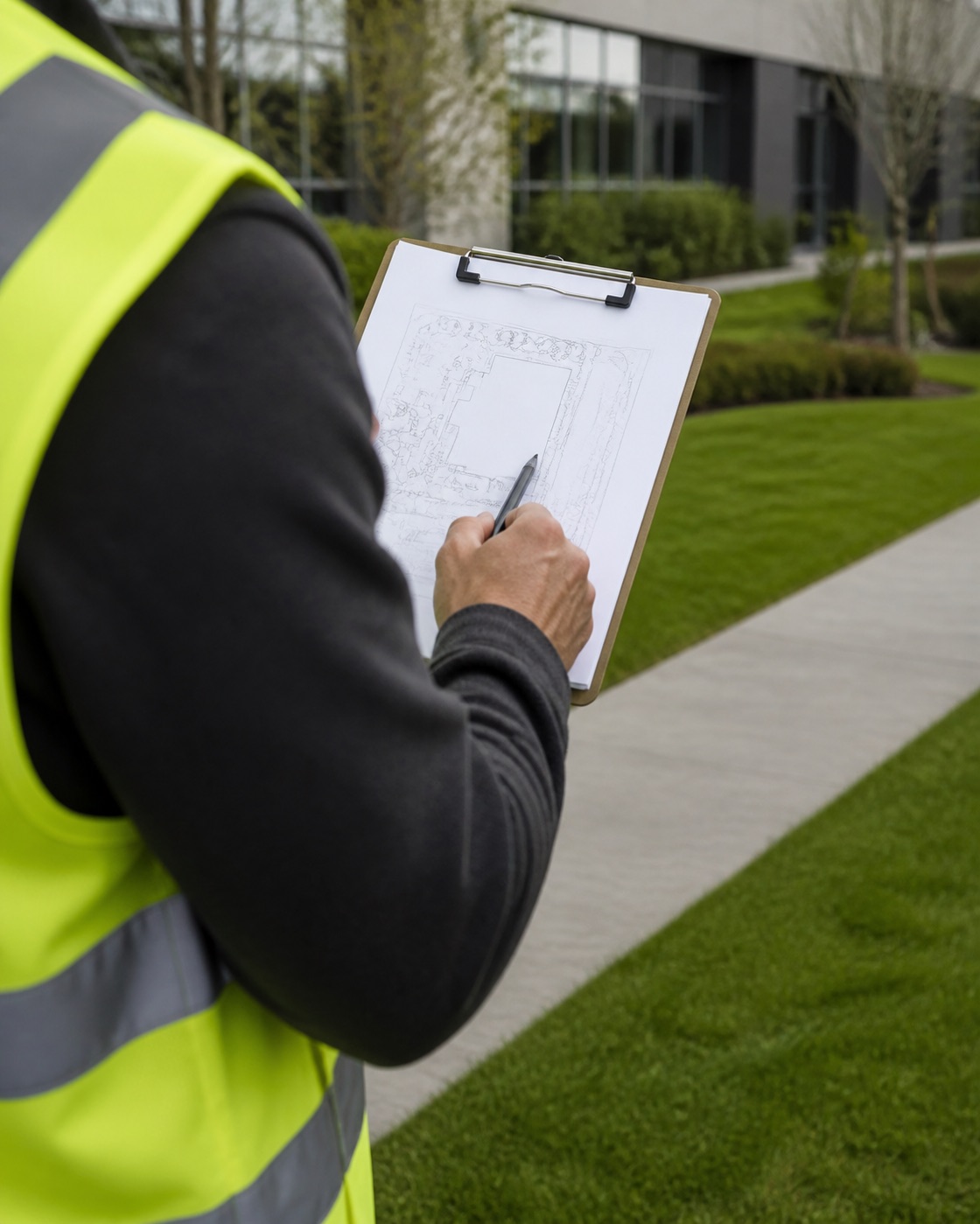 A site plan being reviewed beside commercial grounds before work begins